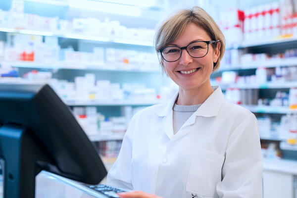 Eine Frau im weißen Kittel steht in der Apotheke vor einem Computer und lächelt.