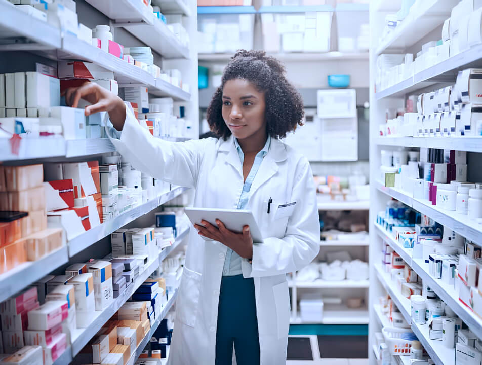 Eine Frau steht im Lager einer Apotheke, hält ein Tablett in der Hand und schaut sich ein Medikament an.
