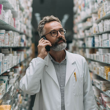 Handelsspannenausgleich Ein Apotheker telefoniert im Backoffice einer Apotheke.